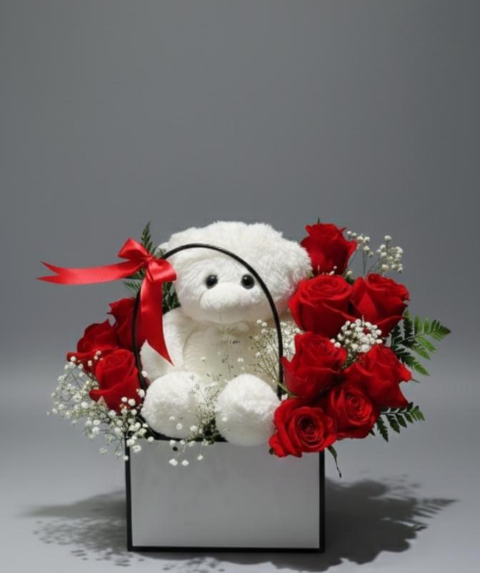 White Teddy & Red Rose Flower Box ❤️🧸